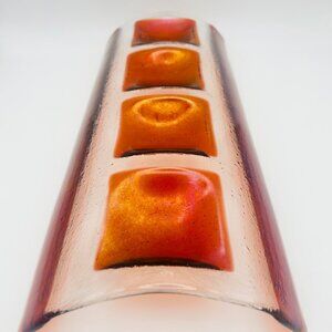 Handmade Fused Glass Art Tray With Red & Amber Squares Curved Design 16 Inches L